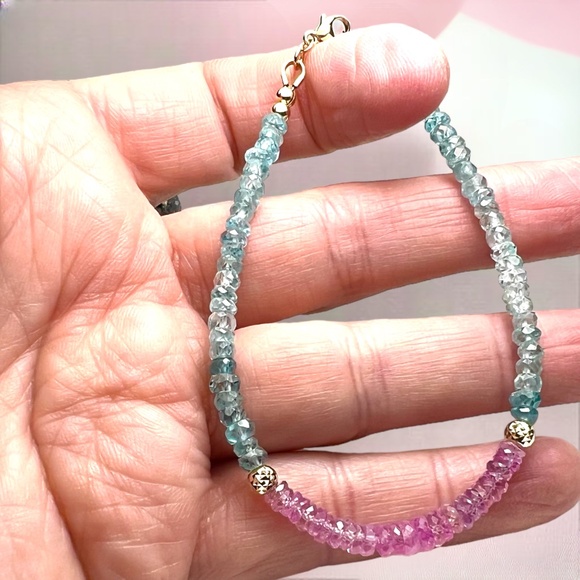 Handcrafted Natural Blue Zircon & Pink Sapphire Bracelet | Solid 14K Gold 7.25" - Picture 3 of 7
